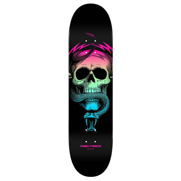 A black skateboard with a skull on it featuring the POWELL PERALTA MCGILL SKULL & SNAKE FADE BLUE design.