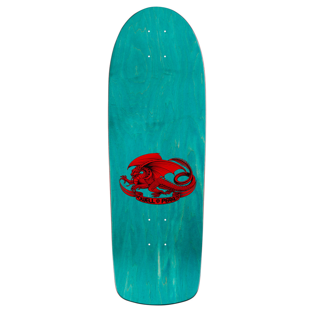 A skateboard with a POWELL PERALTA MCGILLL SKULL & SNAKE TEAL REISSUE on it.