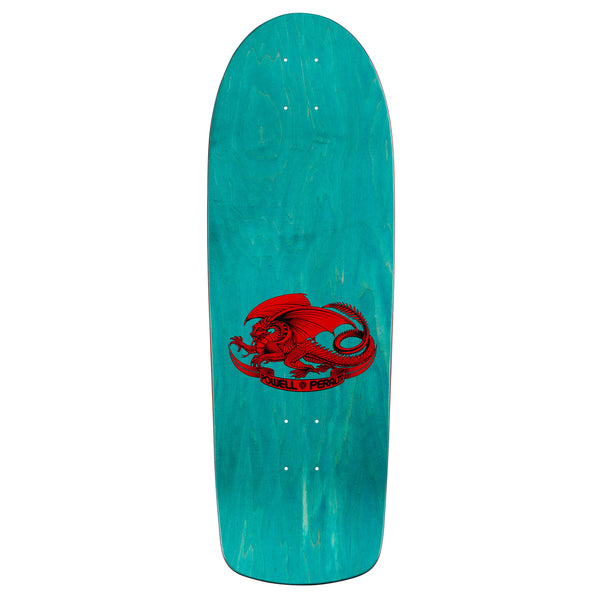 A skateboard with a POWELL PERALTA MCGILLL SKULL & SNAKE TEAL REISSUE on it.