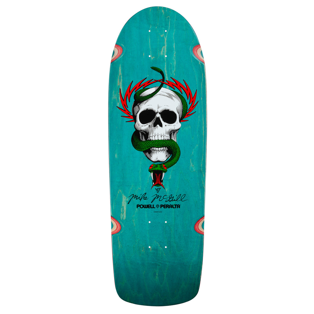 A POWELL PERALTA MCGILLL SKULL & SNAKE TEAL REISSUE skateboard deck featuring the iconic McGill Skull & Snake design.