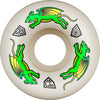 The POWELL PERALTA NANO RAT DF V4 52x34MM 97A skateboard wheel features green winged creatures on a white background, encircled by three geometric symbols. The Nano Rat design from Powell Peralta ensures both style and stability for your ride.