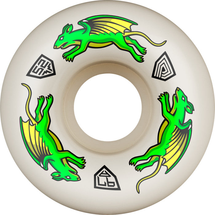 The POWELL PERALTA NANO RAT DF V4 52x34MM 97A skateboard wheel features green winged creatures on a white background, encircled by three geometric symbols. The Nano Rat design from Powell Peralta ensures both style and stability for your ride.