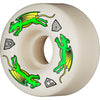 Introducing the POWELL PERALTA NANO RAT DF V4 52x34MM 97A, a white skateboard wheel adorned with green dragon illustrations and three stylized black-and-white symbols. These asymmetric wheels are designed to provide ultimate stability while enhancing both performance and aesthetic appeal.