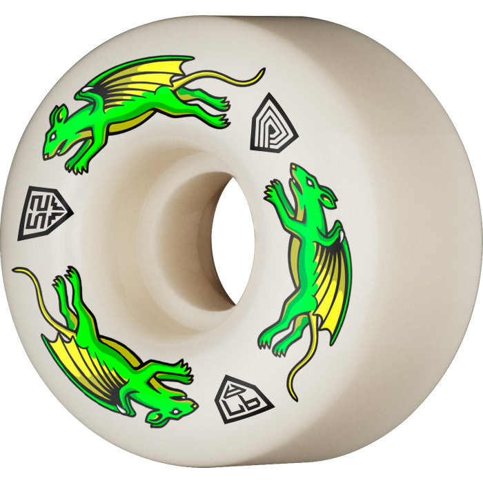 Introducing the POWELL PERALTA NANO RAT DF V4 52x34MM 97A, a white skateboard wheel adorned with green dragon illustrations and three stylized black-and-white symbols. These asymmetric wheels are designed to provide ultimate stability while enhancing both performance and aesthetic appeal.