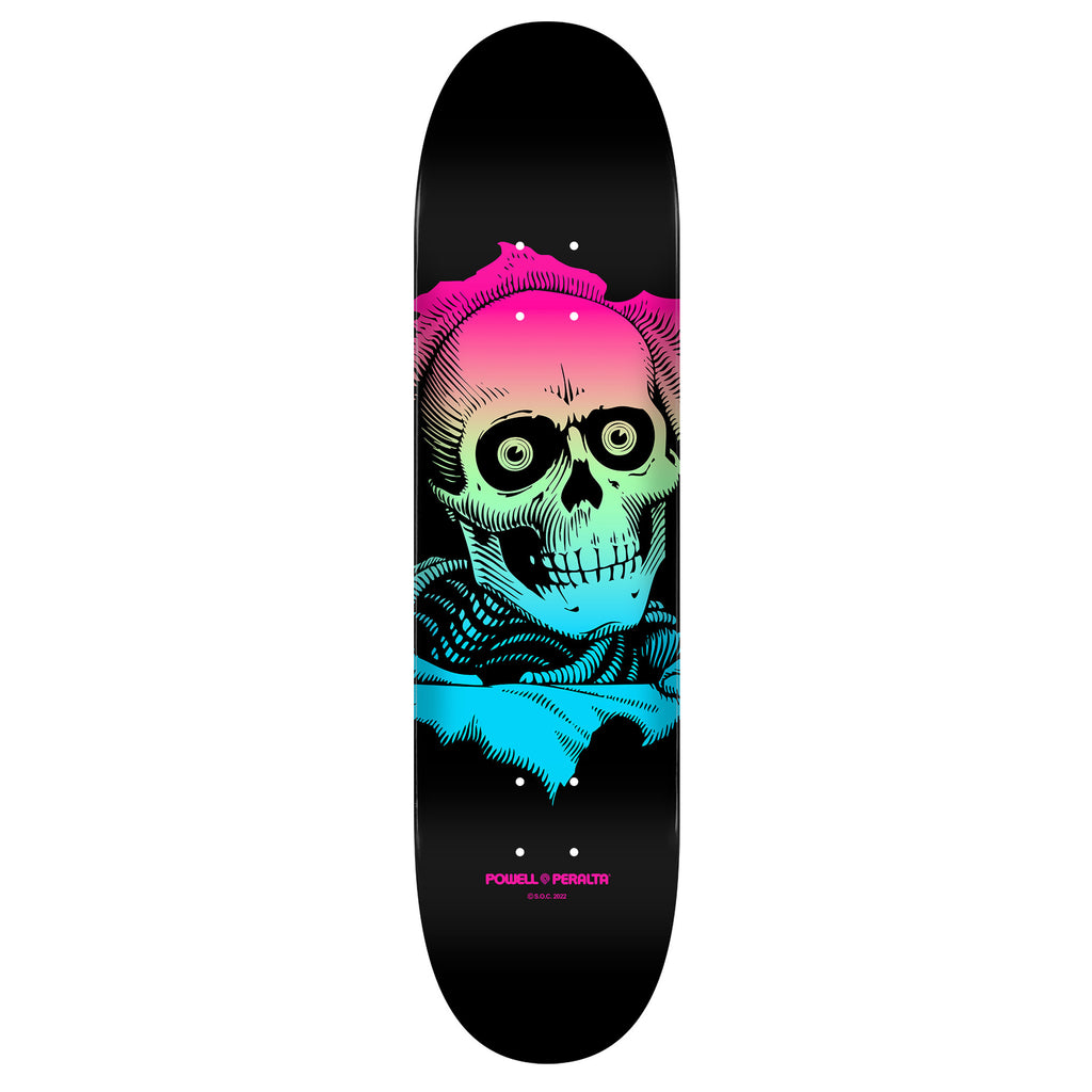 A skateboard deck with a POWELL PERALTA RIPPER FADE BLUE design by POWELL PERALTA.