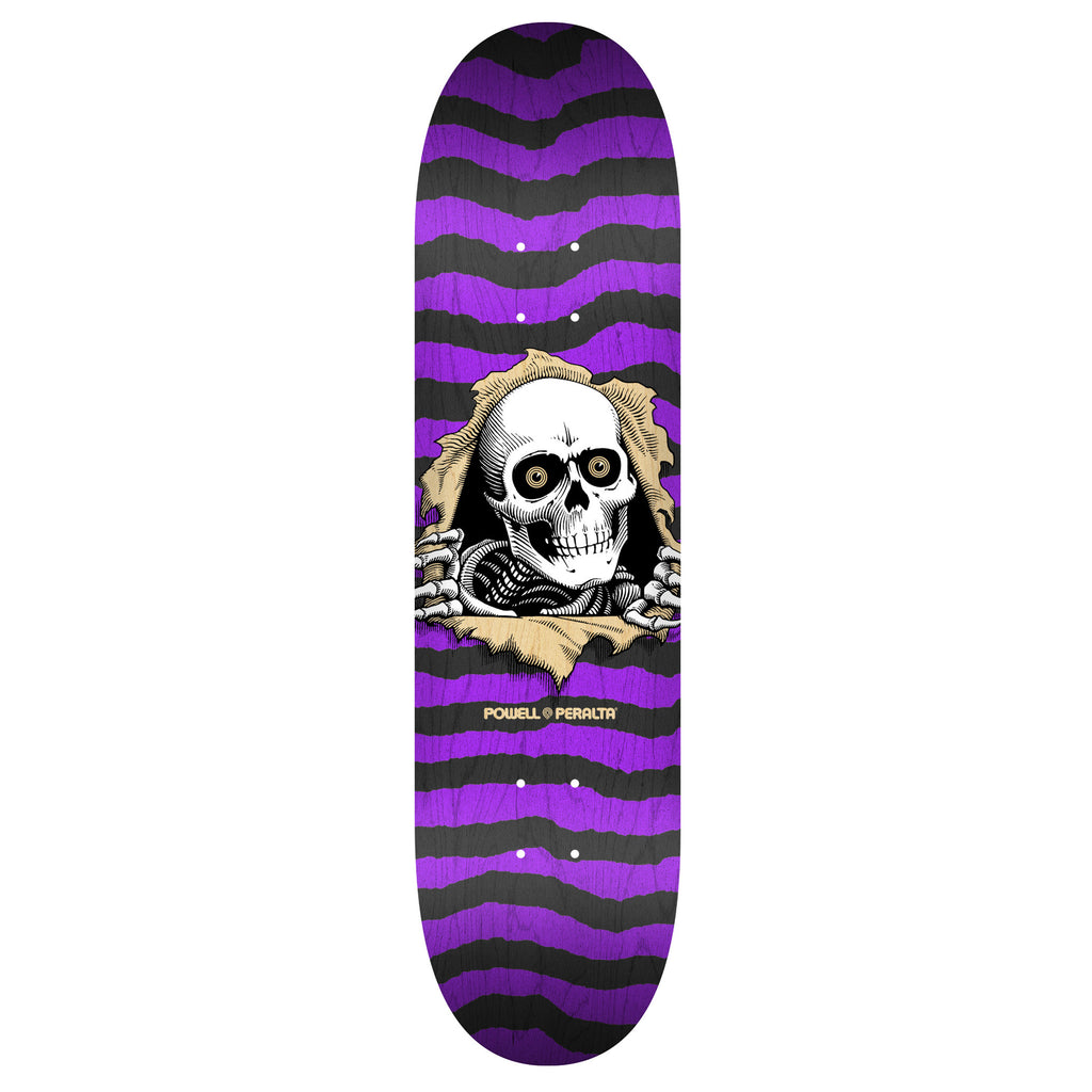 A POWELL PERALTA RIPPER NATURAL PURPLE skateboard deck with a RIPPER skull on it.