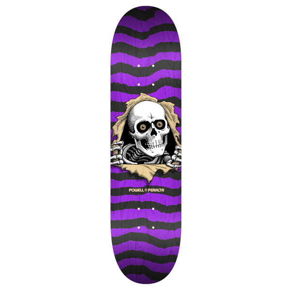 A POWELL PERALTA RIPPER NATURAL PURPLE skateboard deck with a RIPPER skull on it.