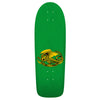 A POWELL PERALTA RODRIGUEZ SKULL & SWORD REISSUE GREEN skateboard with a yellow dragon on it.