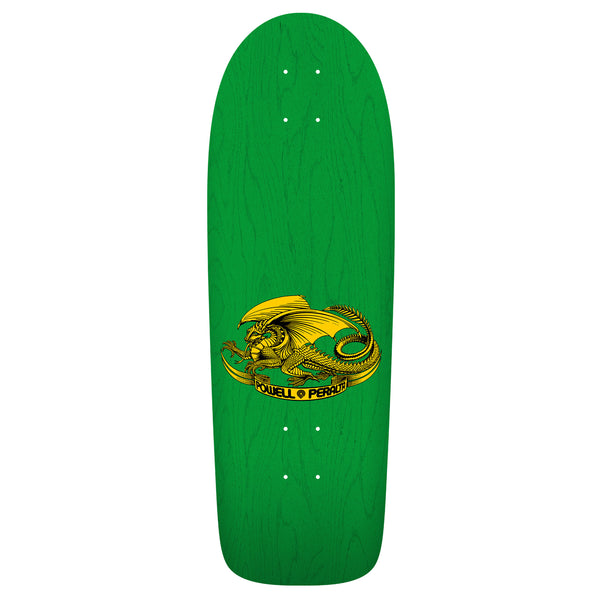 A POWELL PERALTA RODRIGUEZ SKULL & SWORD REISSUE GREEN skateboard with a yellow dragon on it.