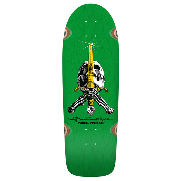 A POWELL PERALTA green skateboard with the iconic POWELL PERALTA RODRIGUEZ SKULL & SWORD reissue graphic.