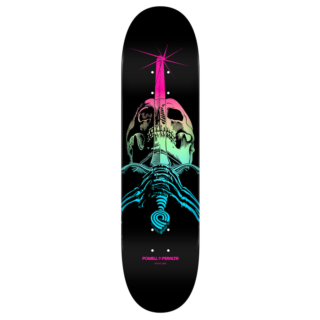 A POWELL PERALTA SKULL & SWORD FADE BLUE skateboard deck with a skull on it.