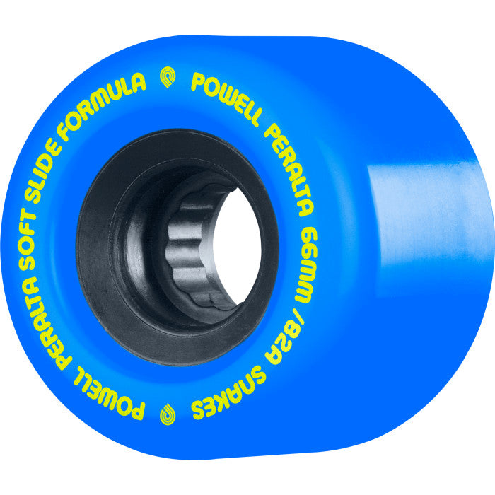 A POWELL PERALTA SNAKES 66MM 82A BLUE skateboard wheel with yellow lettering on it.