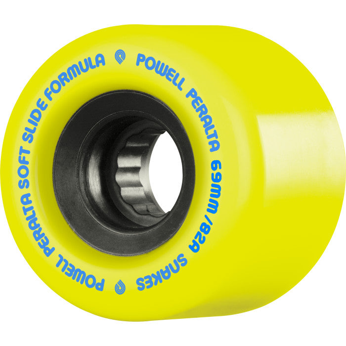 A Powell Peralta Snakes 69mm 82A yellow skateboard wheel with blue writing on it.
