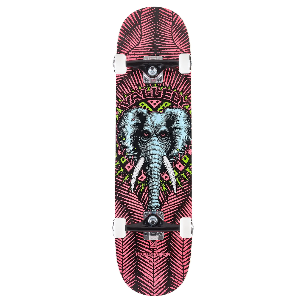 A pink complete skateboard with a blue elephant and black trucks with white wheels. 