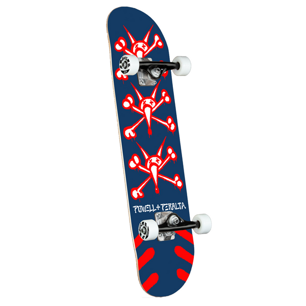 A navy complete skateboard with black trucks and white wheels with red/white rat heads and crossbones.