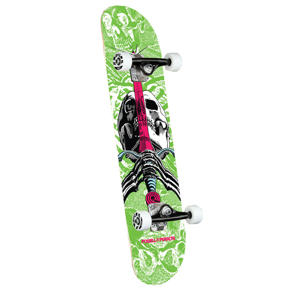 A POWELL PERALTA skateboard with a POWELL SKULL AND SWORD COMPLETE GREEN design.