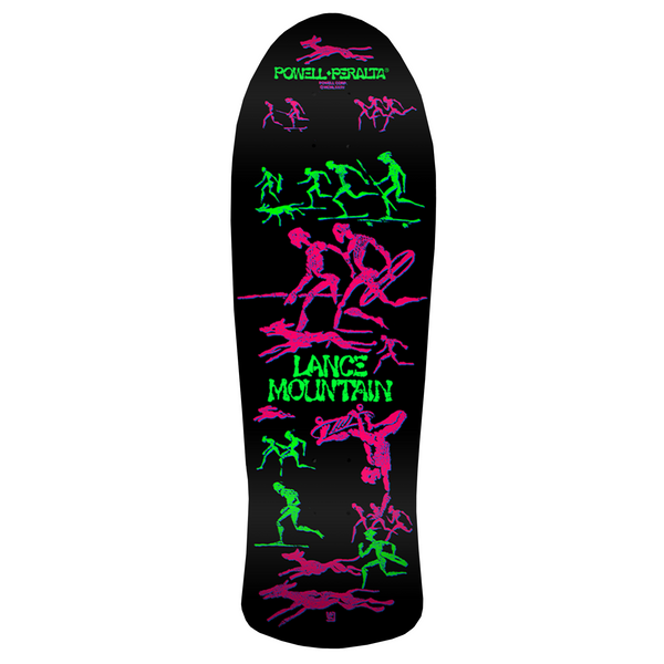 old school Lance Mountain deck with fluorescent green and pink cave drawing artwork