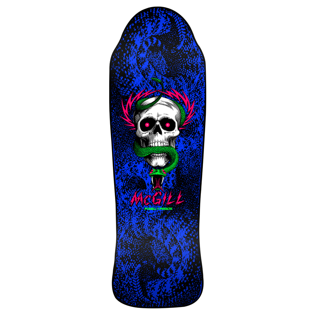 old school McGill deck with fluorescent blue and pink artwork 