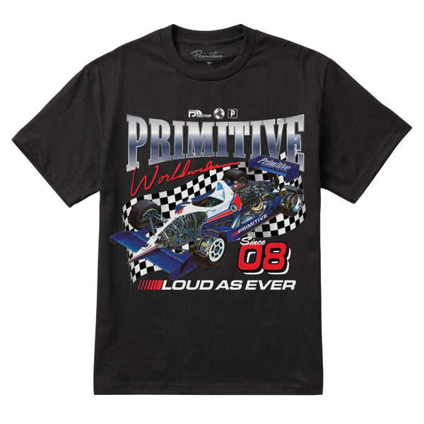 A PRIMITIVE black t - shirt with the word primitive on it.