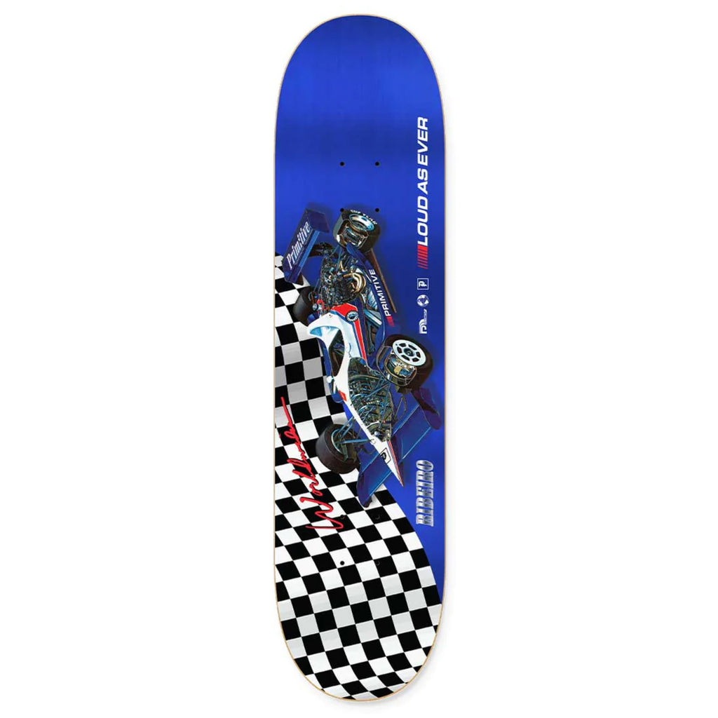 A PRIMITIVE skateboard with an image of a motorcycle on a checkered board.