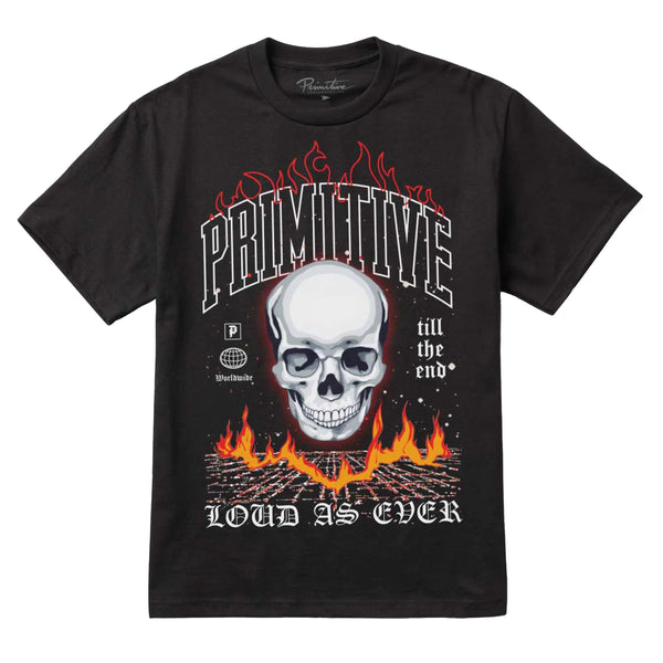 A PRIMITIVE SCORCHER TEE BLACK with a skull on it.