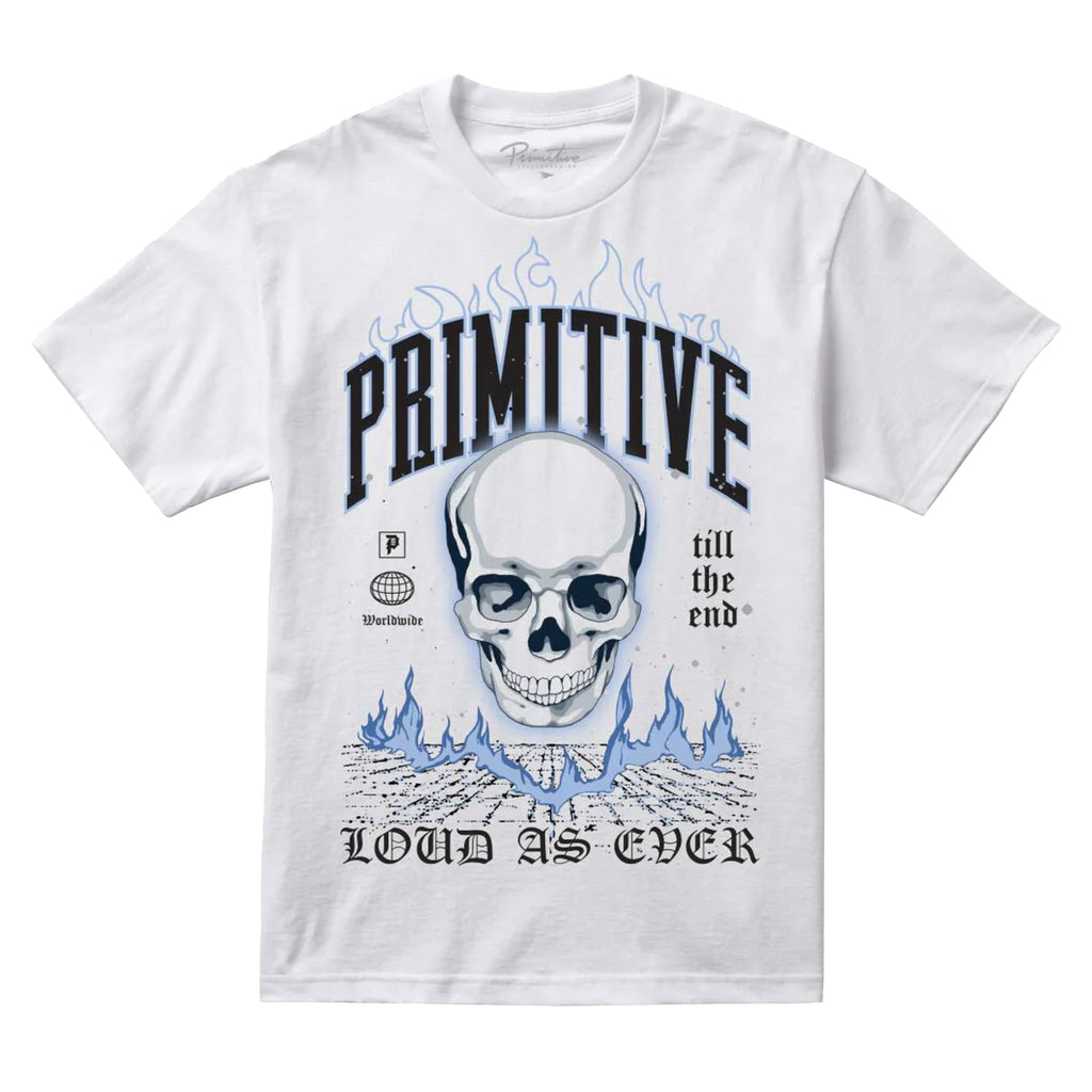 A PRIMITIVE SCORCHER TEE WHITE with a skull and flames on it.