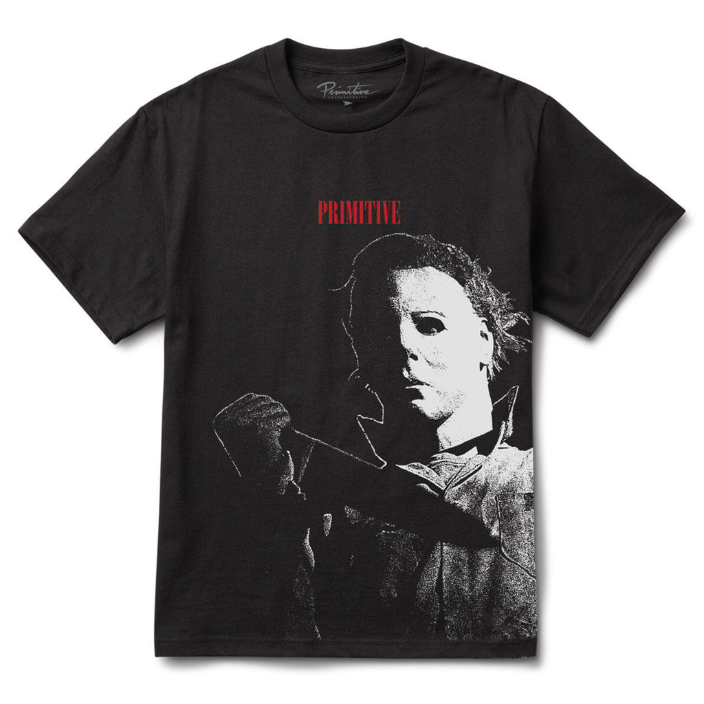A PRIMITIVE SLASHER HEAVYWEIGHT TEE BLACK featuring the image of Michael Myers, the slasher icon.