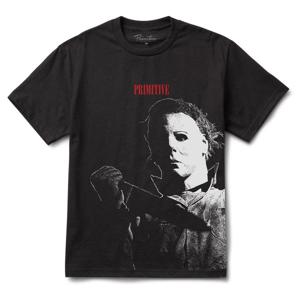 A PRIMITIVE SLASHER HEAVYWEIGHT TEE BLACK featuring the image of Michael Myers, the slasher icon.