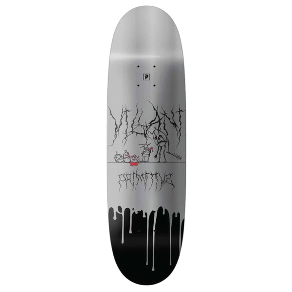 A PRIMITIVE skateboard with a black and white design on it.