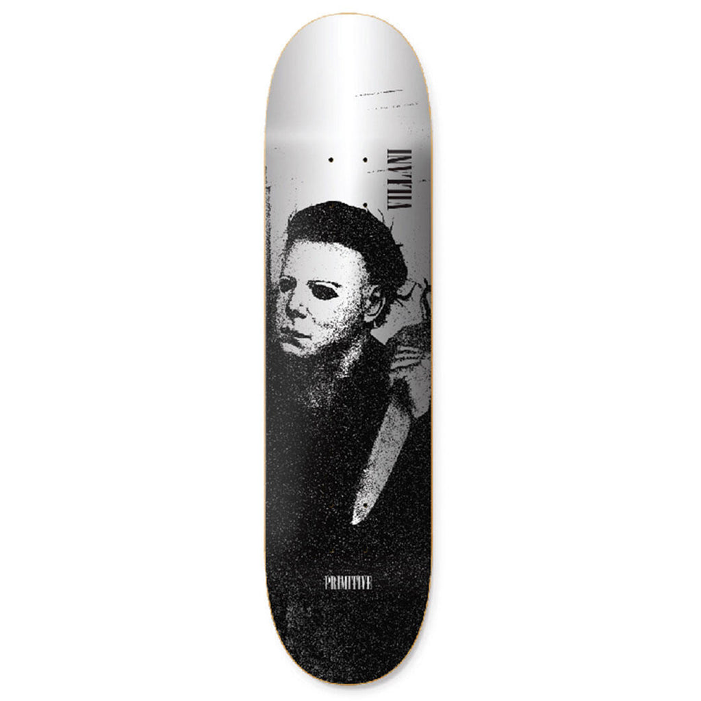 A PRIMITIVE VILLANI HALLOWEEN skateboard with a picture of Michael Myers on it.