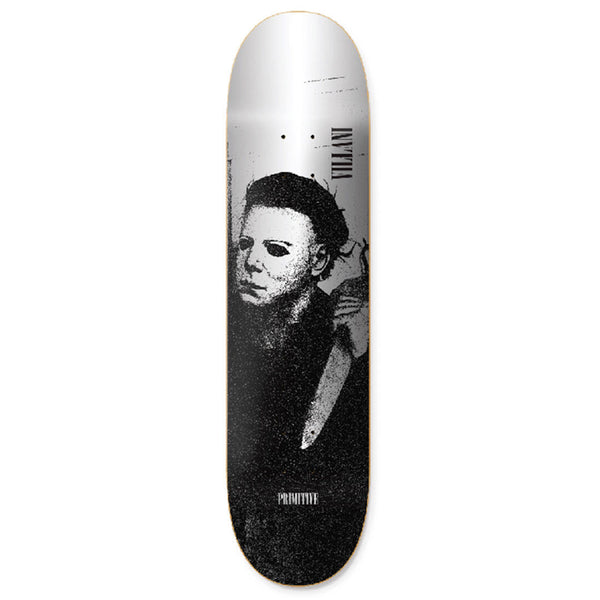 A PRIMITIVE VILLANI HALLOWEEN skateboard with a picture of Michael Myers on it.