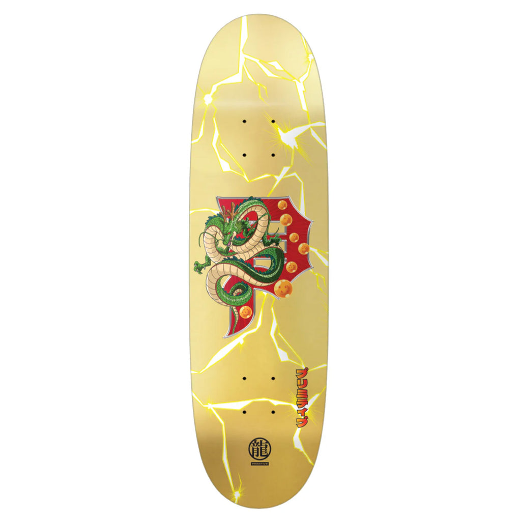 The PRIMITIVE X DBZ SHENRON DIRTY P EGG skateboard deck features a dragon design with golden accents on a yellow background, capturing the iconic DBZ aesthetics.