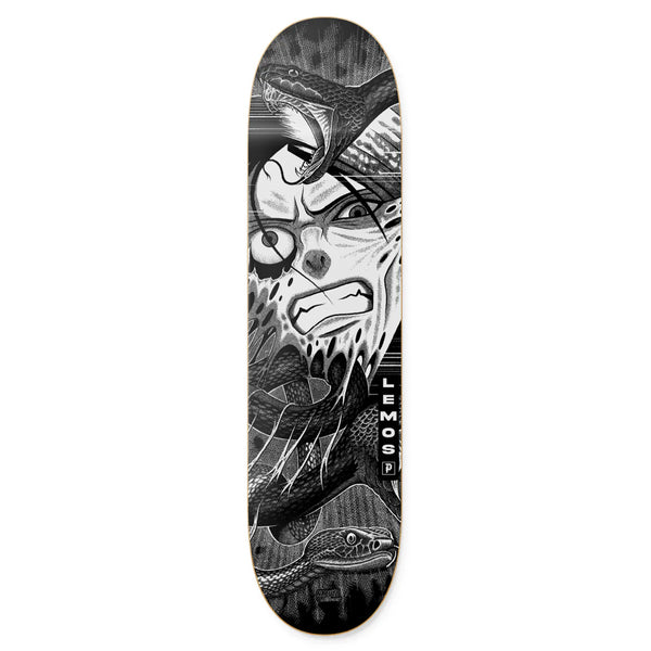 The PRIMITIVE X NARUTO X PAUL JACKSON LEMOS SNAKES skateboard deck showcases a black and white abstract design with a distressed face, snakes, and dynamic patterns, making it perfect for bold artistry fans.