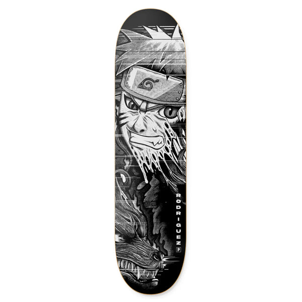 Discover the PRIMITIVE X NARUTO X PAUL JACKSON RODRIGUEZ BEAST skateboard deck, featuring a black-and-white illustration of a Naruto-inspired anime character with spiky hair and headband, alongside a fierce dragon.