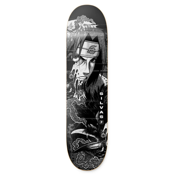 The PRIMITIVE X NARUTO X PAUL JACKSON SILVAS CLONES skateboard deck features a black and white anime character with a serious look, headband, and symbol, perfect for skateboarding enthusiasts or art collectors.