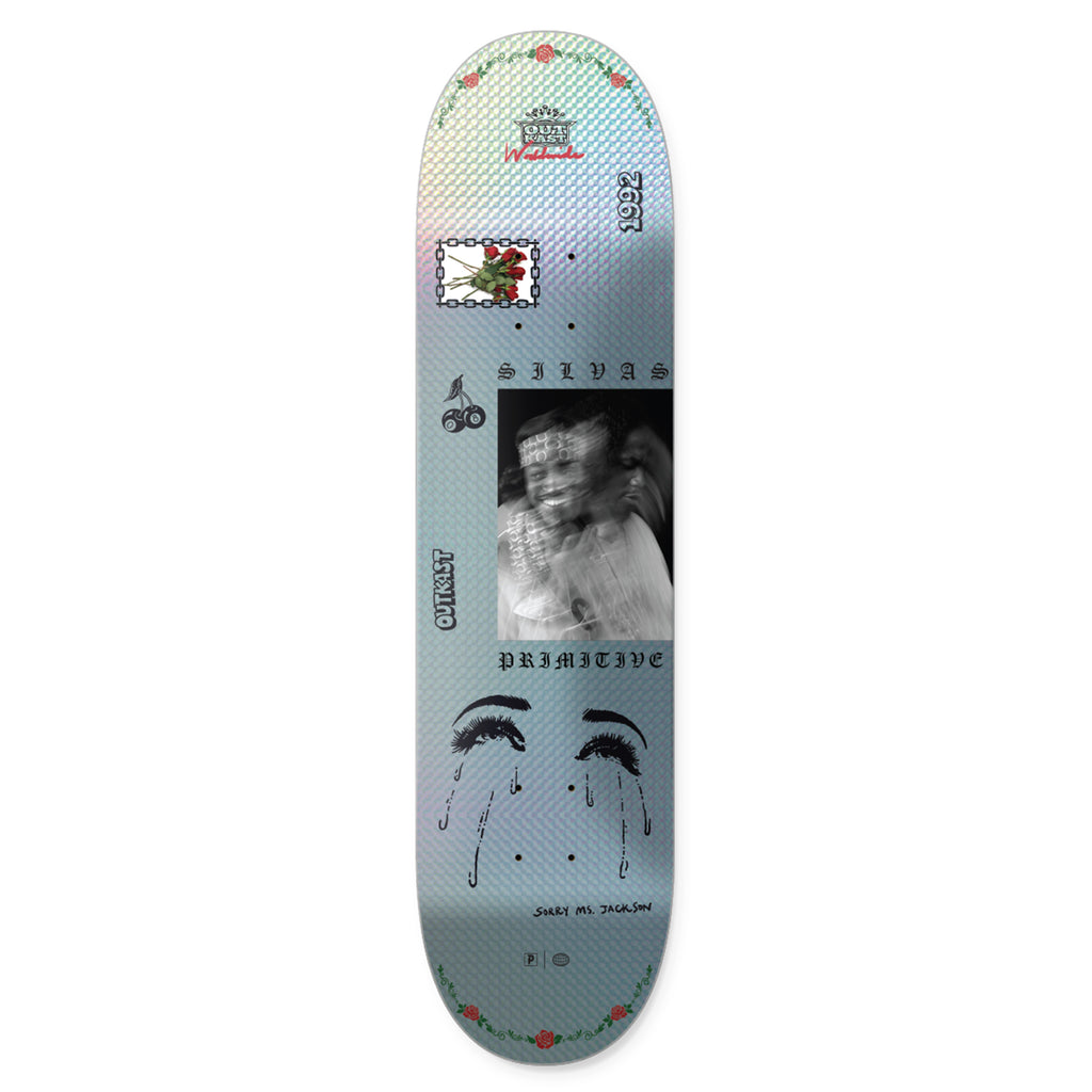 The PRIMITIVE X OUTKAST SILVAS JACKSON skateboard deck features artistic imagery of roses, teardrop eyes, and abstract figures. It showcases "Kenny," "Primitive," and "Since MMXIII," blending skateboarding spirit with creative Outkast flair.