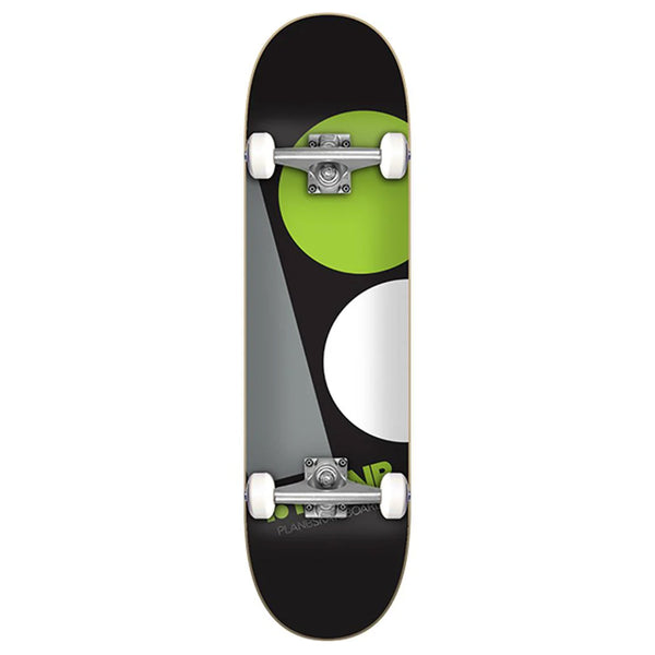 A Plan B MACRO COMPLETE skateboard with a black and green design on the underside.