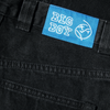 Close-up of the back pocket of high-waisted POLAR BIG BOYS PITCH BLACK denim jeans with a blue label that reads "POLAR" and a white symbol.