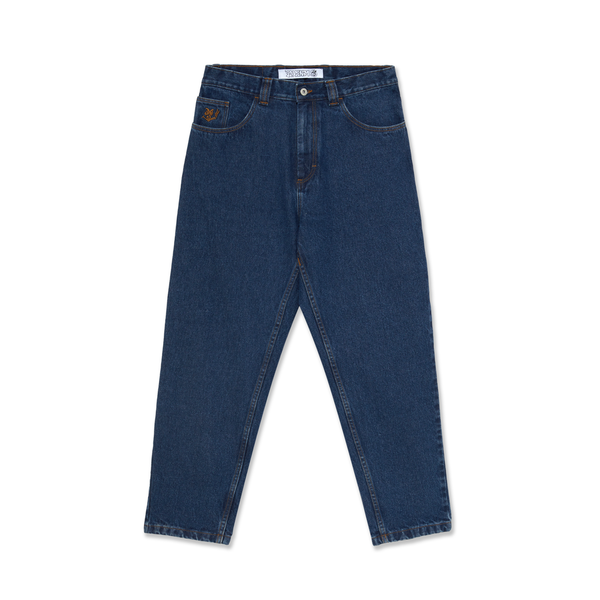 A pair of POLAR '92! DENIM DARK BLUE jeans with a button on the side.