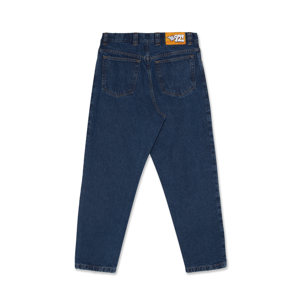 A pair of POLAR '92! DENIM DARK BLUE jeans with a POLAR orange label.