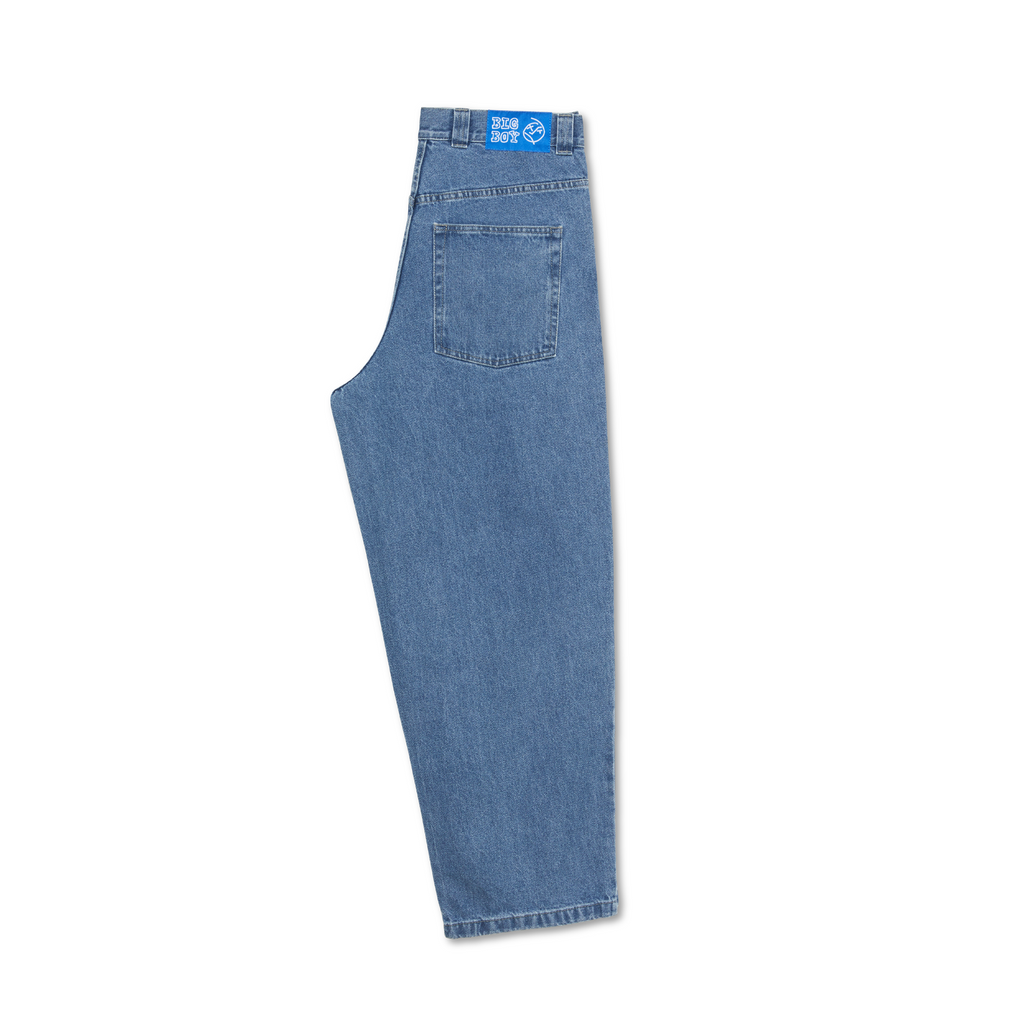 A pair of POLAR blue jeans with a pocket on the side.