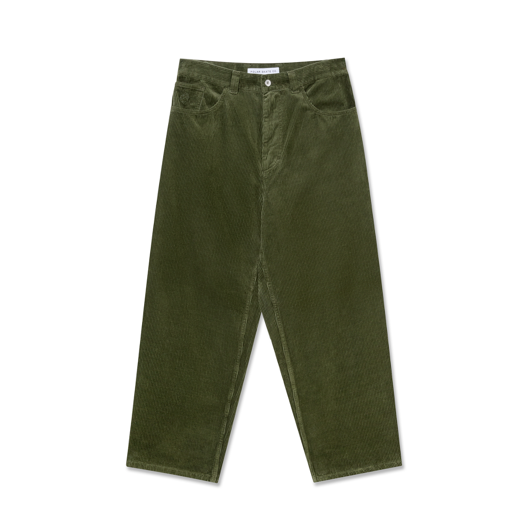 POLAR's POLAR BIG BOY CORD UNIFORM GREEN pants in olive green feature a straight leg cut with a slight baggy fit, front pockets, and a button closure.