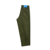 A pair of POLAR BIG BOY CORD UNIFORM GREEN high-waisted corduroy pants displayed flat, showcasing one visible back pocket and a blue POLAR label on the waistband.