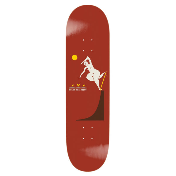 The POLAR ROZENBERG BS NOSEBLUNT BURNT RED deck features minimalist nude figure art, a yellow circle, and birds—an eye-catching design by POLAR, perfect for mastering BS NOSEBLUNT tricks.