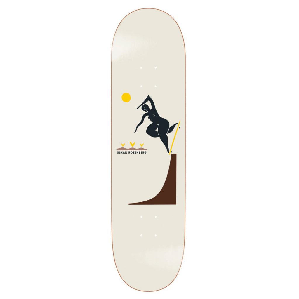 The POLAR ROZENBERG BS NOSEBLUNT CREAM by POLAR is a white skateboard deck featuring Pontus Alv artwork of a black figure on a brown ramp, with a yellow sun and three yellow birds, inspired by the original Polar Rozenberg graphic.
