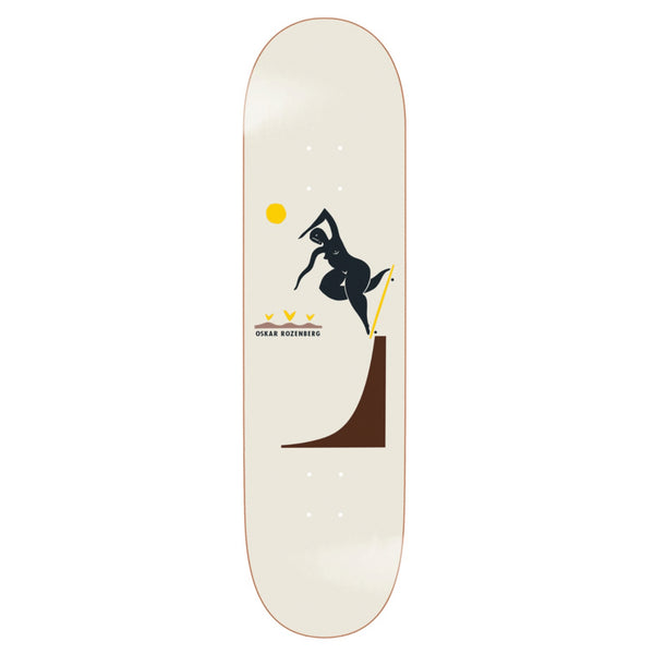 The POLAR ROZENBERG BS NOSEBLUNT CREAM by POLAR is a white skateboard deck featuring Pontus Alv artwork of a black figure on a brown ramp, with a yellow sun and three yellow birds, inspired by the original Polar Rozenberg graphic.