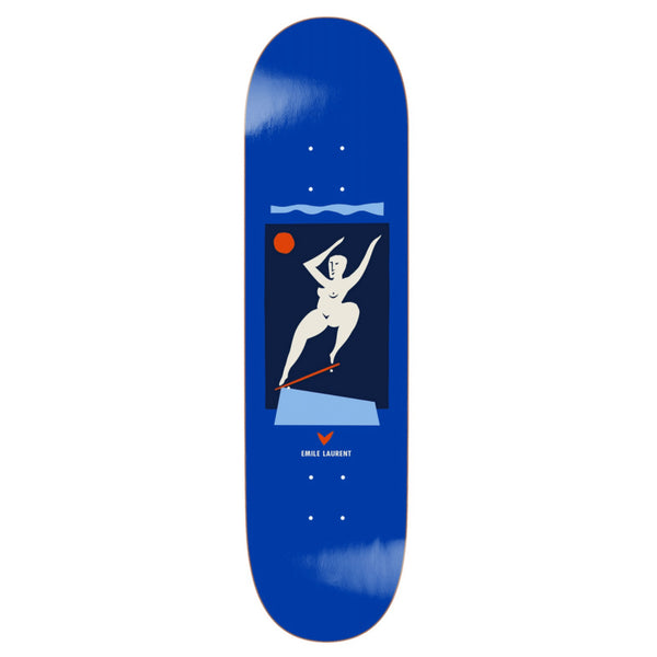 The POLAR LAURENT CROOKS BLUE skateboard deck by POLAR features a minimalist white abstract dancing figure with a red circle on a dark background, inspired by Pontus Alv.