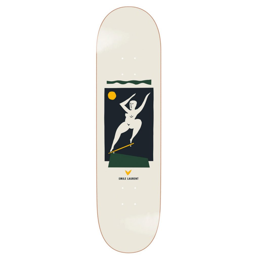 The POLAR LAURENT CROOKS CREAM skateboard deck by POLAR showcases abstract art of a white dancing figure on a dark background with a yellow sun, reflecting Pontus Alv’s creative vision.