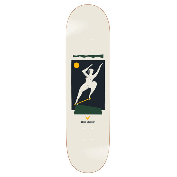 The POLAR LAURENT CROOKS CREAM skateboard deck by POLAR showcases abstract art of a white dancing figure on a dark background with a yellow sun, reflecting Pontus Alv’s creative vision.