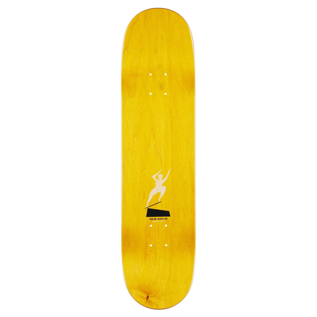 A blue POLAR Laurent Crooks skateboard deck featuring a simple graphic of a silhouette standing on a block, designed by Pontus Alv, with bold black text near the center.